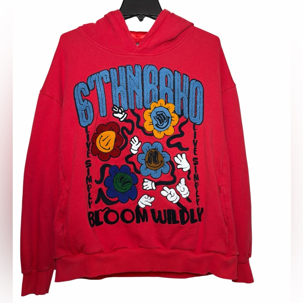 6thNBRHD Men’s Red Hoodie Chenille Patch Live Simply Bloom Wildly‎ Size Large